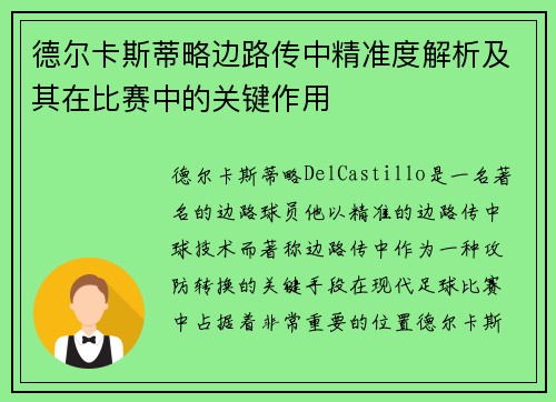 德尔卡斯蒂略边路传中精准度解析及其在比赛中的关键作用 德尔卡斯蒂略边路传中精准度解析及其在比赛中的关键作用