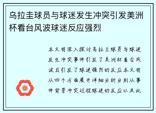 乌拉圭球员与球迷发生冲突引发美洲杯看台风波球迷反应强烈